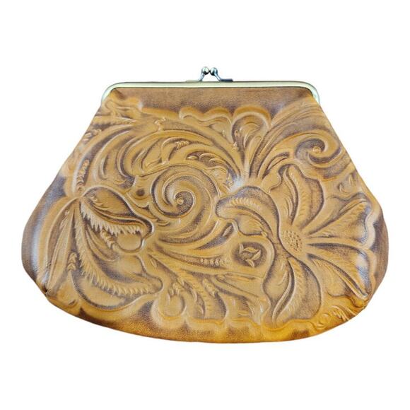 Patricia Nash Savena tooled brown leather clutch kisslock wallet missing strap - Picture 1 of 16